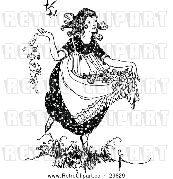 Vector Clip Art of Retro Girl Carrying Flowers in Her Dress