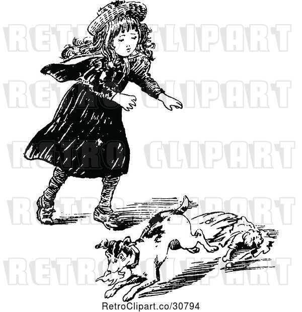 Vector Clip Art of Retro Girl Chasing a Dog Eating Her Doll