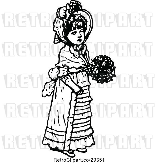 Vector Clip Art of Retro Girl Holding a Bouquet