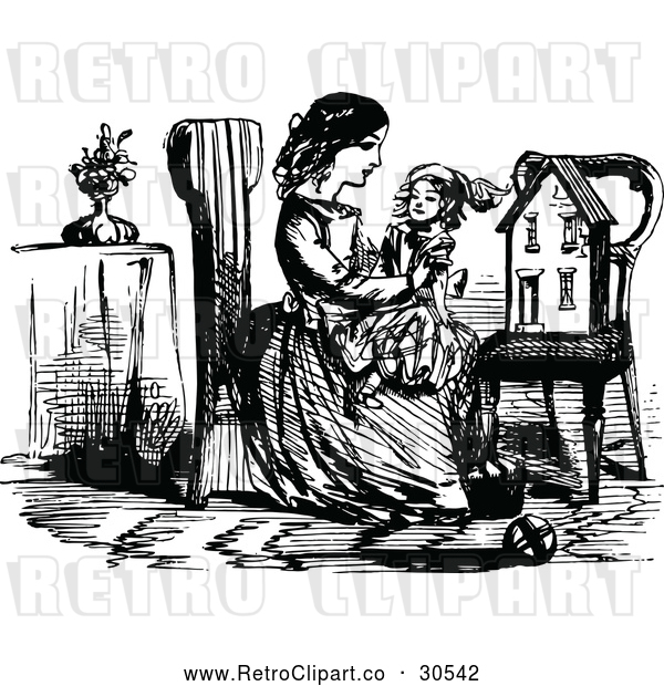 Vector Clip Art of Retro Girl Holding a Doll by a Chair