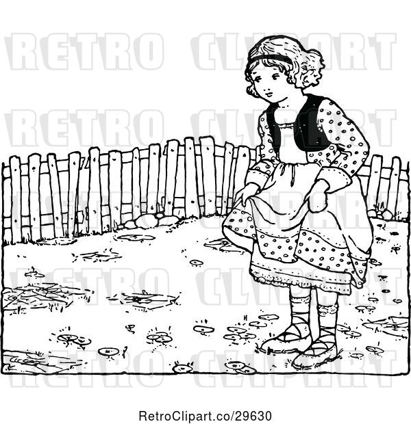 Vector Clip Art of Retro Girl Holding Her Dress in the Garden