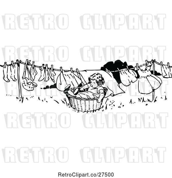 Vector Clip Art of Retro Girl in a Basket Under a Laundry Clothes Line