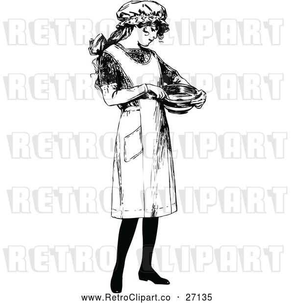 Vector Clip Art of Retro Girl in an Apron, Holding a Bowl