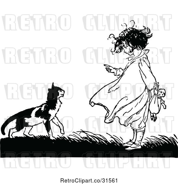 Vector Clip Art of Retro Girl Lecturing a Cat