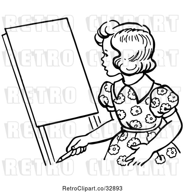 Vector Clip Art of Retro Girl Looking at an Easel in
