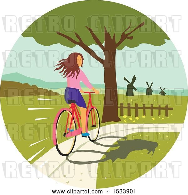 Vector Clip Art of Retro Girl Looking Back While Riding a Bike on a Path
