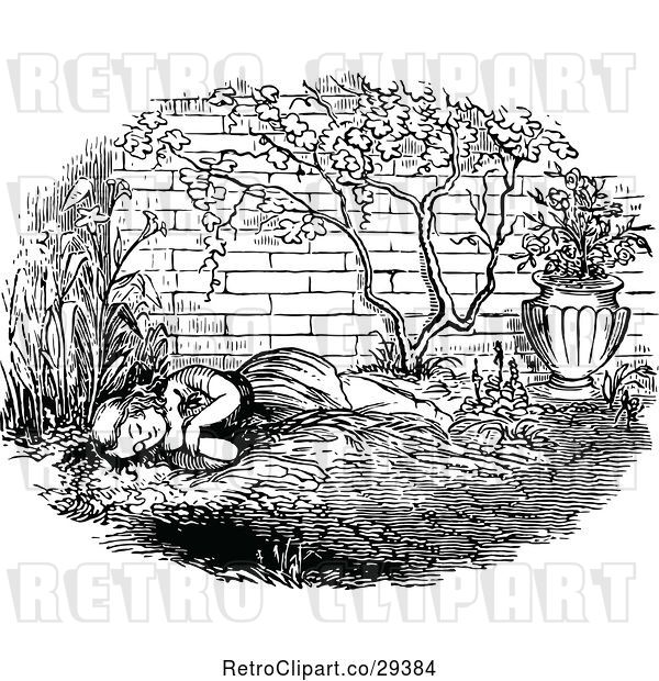 Vector Clip Art of Retro Girl Napping in a Garden