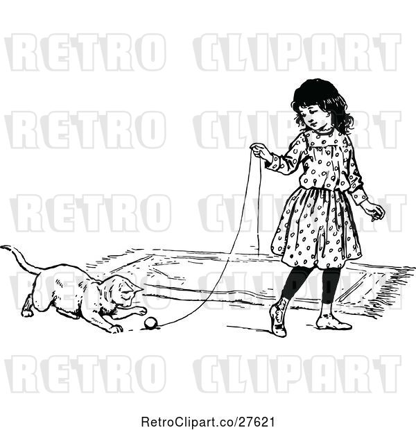 Vector Clip Art of Retro Girl Playing with a Cat