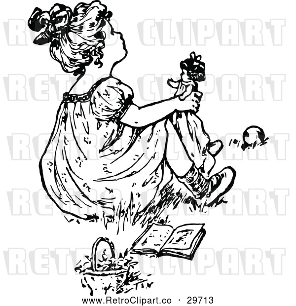 Vector Clip Art of Retro Girl Playing with a Doll 3
