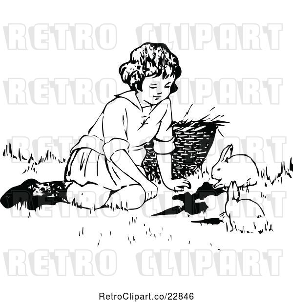 Vector Clip Art of Retro Girl Playing with Bunnies