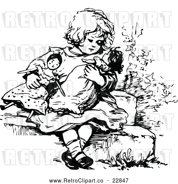 Vector Clip Art of Retro Girl Playing with Dolls