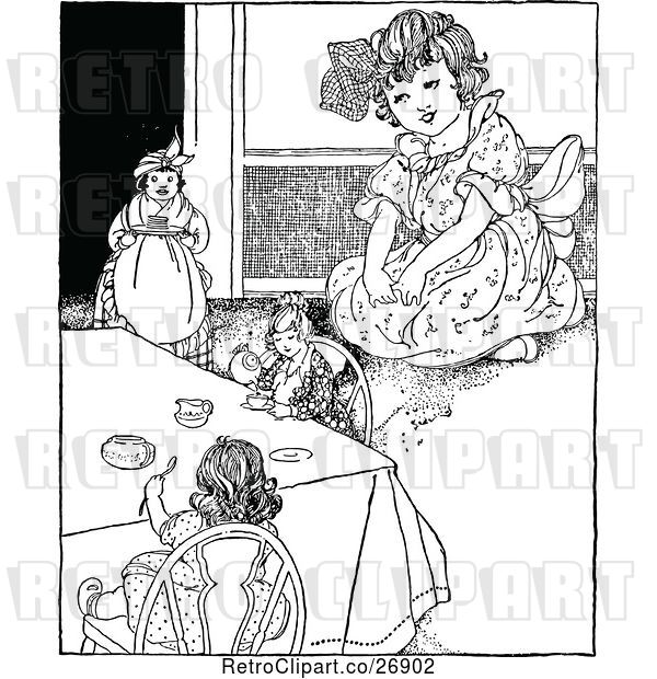 Vector Clip Art of Retro Girl Playing with Her Dolls