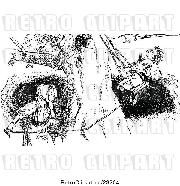 Vector Clip Art of Retro Girl Pulling a Boy on a Swing