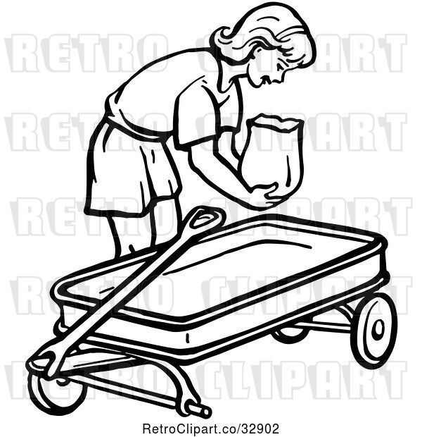 Vector Clip Art of Retro Girl Putting a Bag in a Wagon in