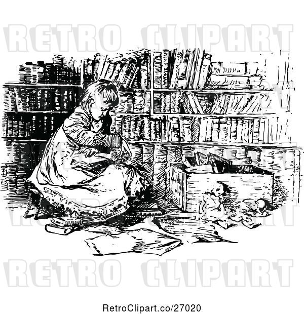 Vector Clip Art of Retro Girl Reading in a Library