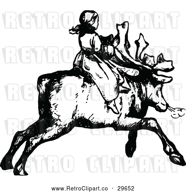 Vector Clip Art of Retro Girl Riding a Reindeer