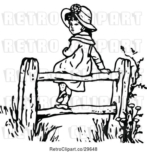 Vector Clip Art of Retro Girl Sitting on a Fence