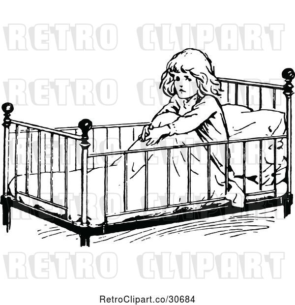 Vector Clip Art of Retro Girl Sitting up in a Crib