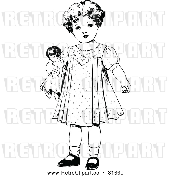 Vector Clip Art of Retro Girl Standing with a Doll