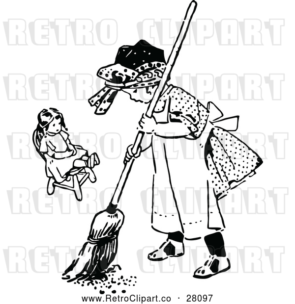 Vector Clip Art of Retro Girl Sweeping by Her Doll