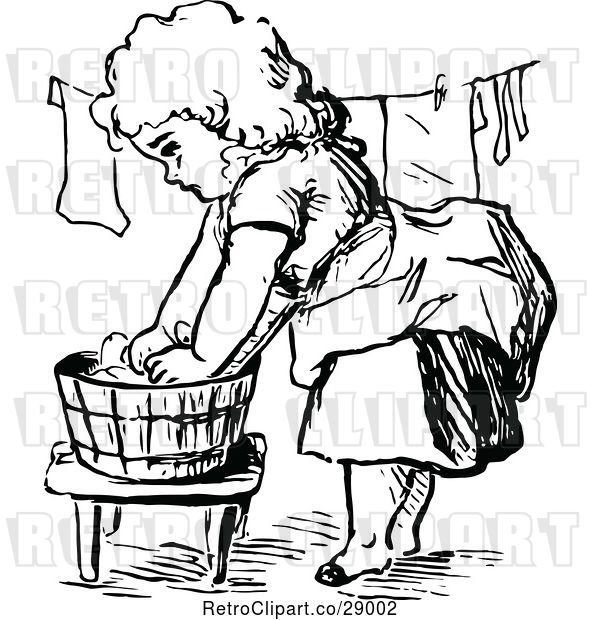 Vector Clip Art of Retro Girl Washing and Hanging Laundry