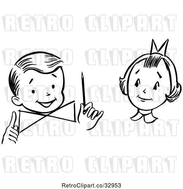 Vector Clip Art of Retro Girl Watching a Boy Perform a Magic Dial Magic Trick