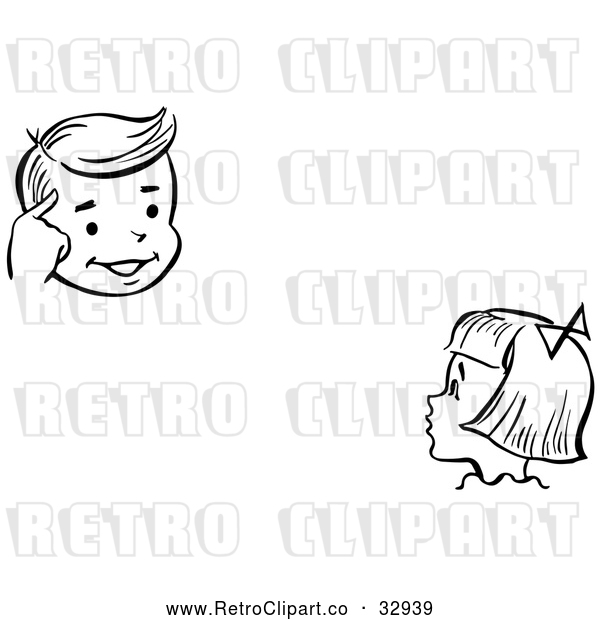 Vector Clip Art of Retro Girl Watching a Boy Perform a Mind Reading Magic Trick
