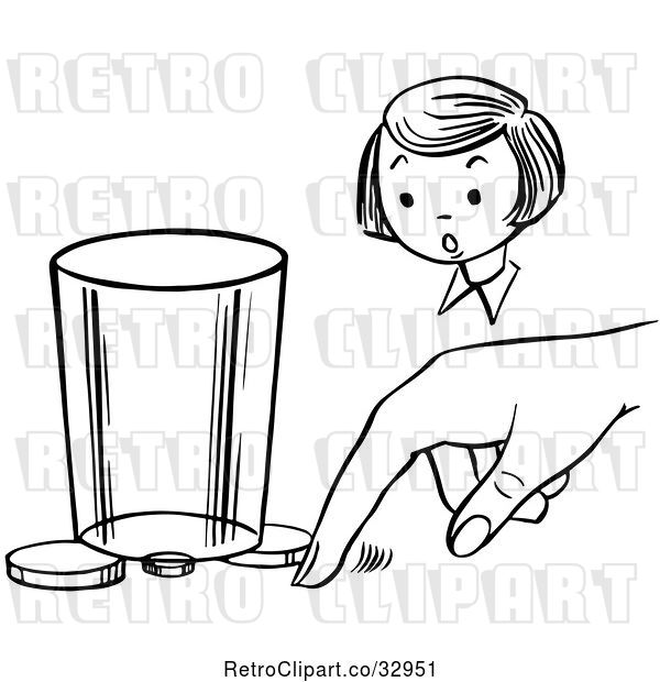 Vector Clip Art of Retro Girl Watching a Boy Perform a Moving Coin Magic Trick