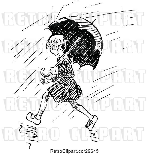 Vector Clip Art of Retro Girl with an Umbrella in the Rain