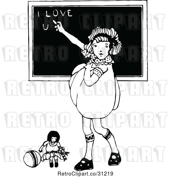 Vector Clip Art of Retro Girl Writing I Love You on a Chalk Board