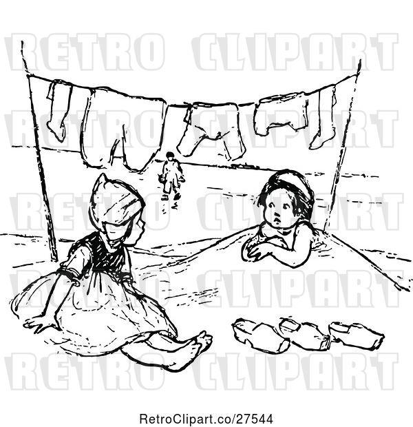 Vector Clip Art of Retro Girls Playing in Sand Under Laundry on a Line