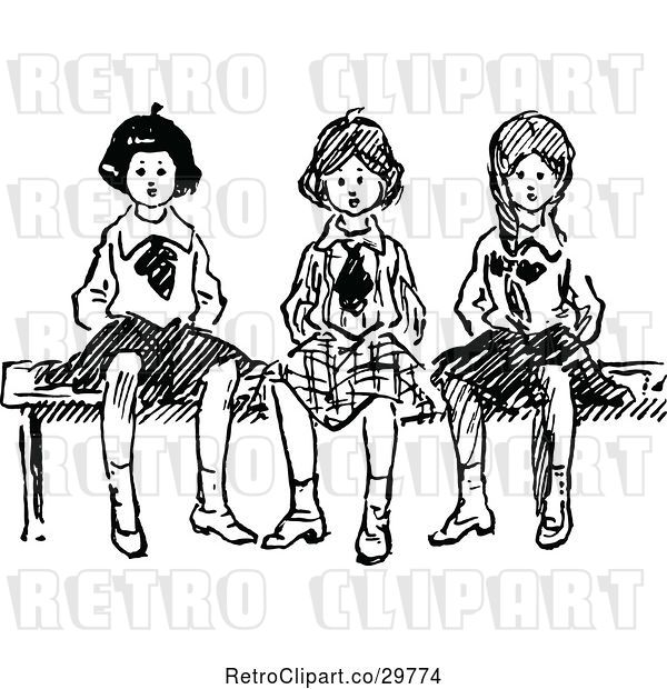 Vector Clip Art of Retro Girls Sitting on a Bench