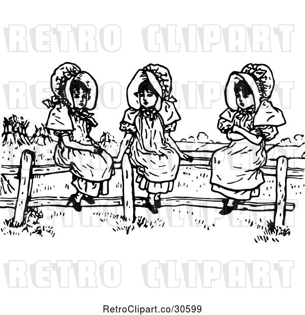 Vector Clip Art of Retro Girls Sitting on a Fence