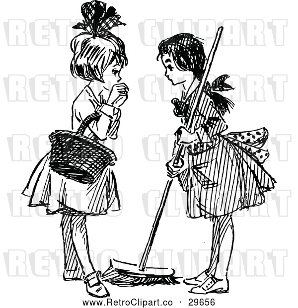 Vector Clip Art of Retro Girls Sweeping and Talking
