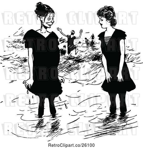 Vector Clip Art of Retro Girls Wading on the Beach