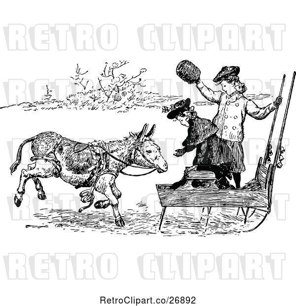Vector Clip Art of Retro Girls with a Donkey Sled