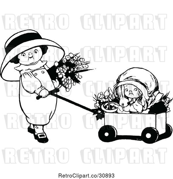 Vector Clip Art of Retro Girls with Flowers a Rabbit and Wagon