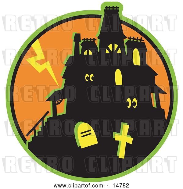 Vector Clip Art of Retro Glowing Eyes Peeking out from Windows in a Silhouetted Haunted House Against an Orange Sky with Lightning and Graves in the Foreground