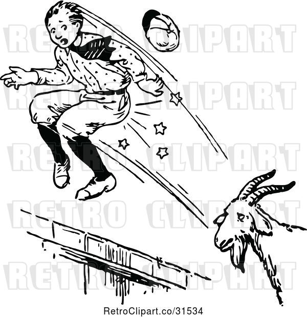 Vector Clip Art of Retro Goat Attacking a Boy