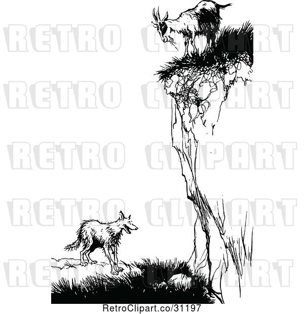 Vector Clip Art of Retro Goat on a Cliff over a Fox