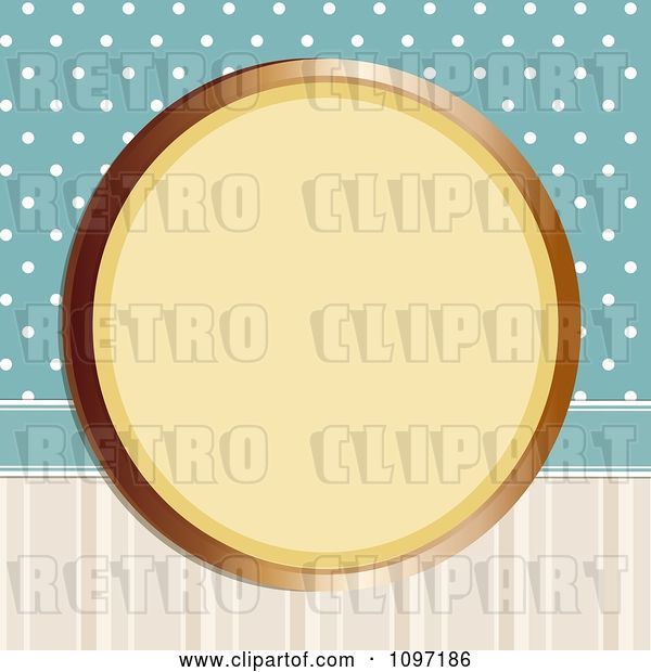 Vector Clip Art of Retro Gold Circular Frame on Blue Polka Dots and Stripes