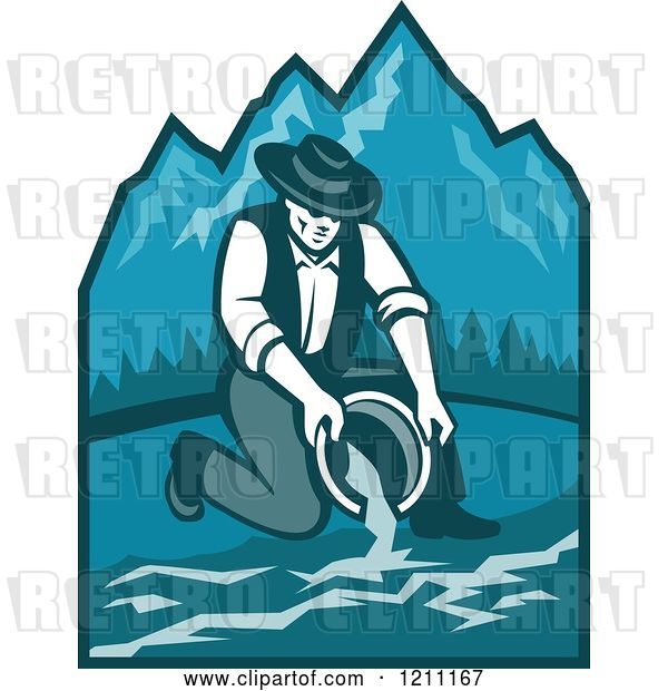 Vector Clip Art of Retro Gold Digger Propector Panning for Gold over Mountains