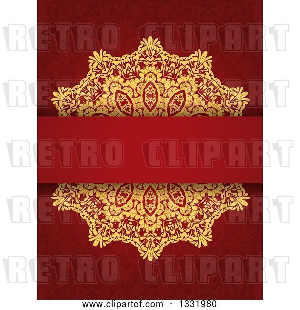 Vector Clip Art of Retro Gold Doily and Blank Text Bar over a Red Pattern