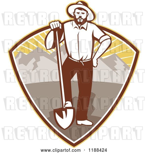 Vector Clip Art of Retro Gold Miner Guy Standing with a Shovel in a Mountain and Sunshine Shield