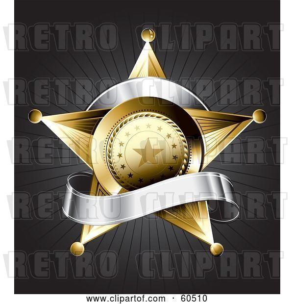 Vector Clip Art of Retro Gold Star Police Badge Draped by a Blank Silver Banner on a Bursting Gray Background
