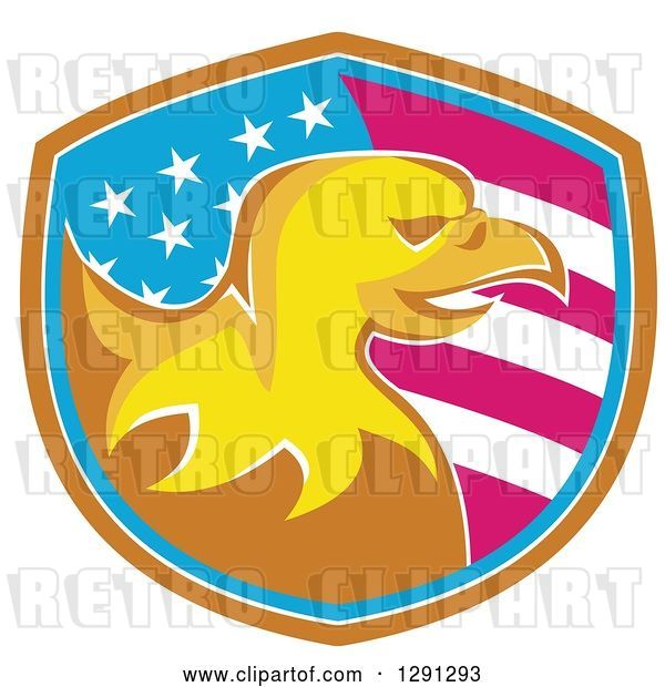 Vector Clip Art of Retro Golden Bald Eagle Head in an American Flag Shield with Brown White and Blue Trim