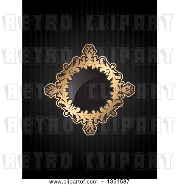 Vector Clip Art of Retro Golden Floral Diamond Frame with a Shiny Center over Black Stripes