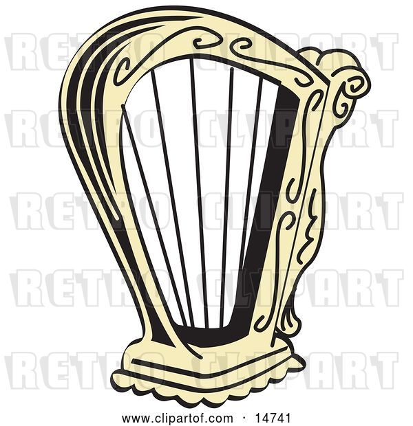 Vector Clip Art of Retro Golden Harp Instrument over a White Background