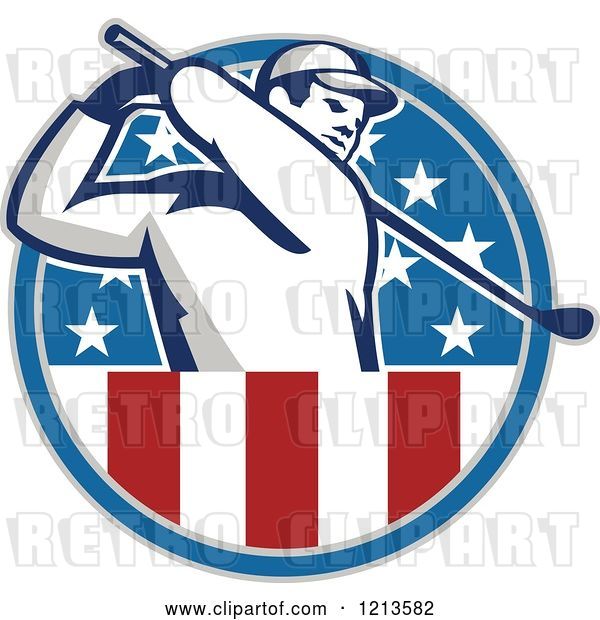 Vector Clip Art of Retro Golfer Swinging in an American Stars and Stripes Circle