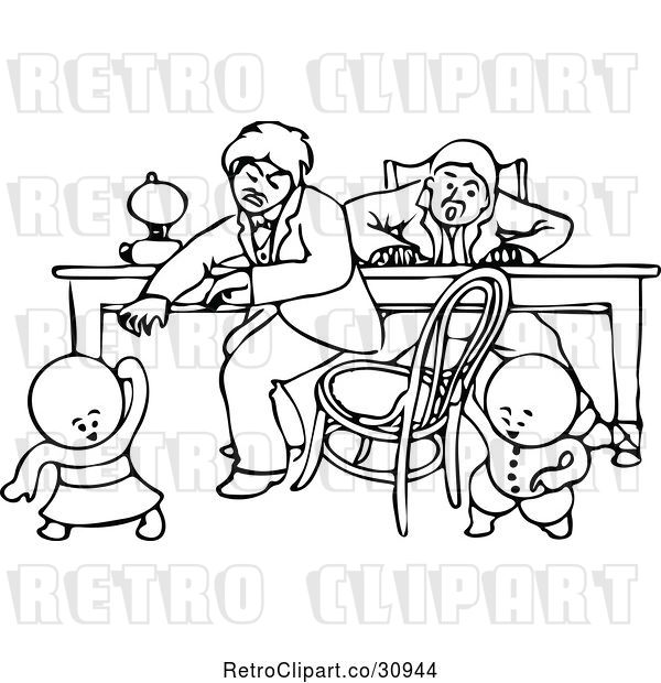 Vector Clip Art of Retro Goops KChildren Pulling a Chair out from Under a Guy